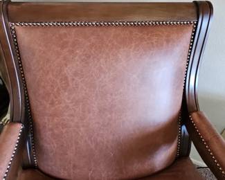 Regency Style Brown Leather Armchair with Carved Mahogany Accents