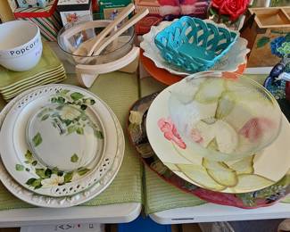 Assorted Decorative Plates and Glassware Set with Popcorn Bowl