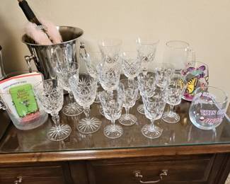 Set of 12 Crystal Wine Glasses with Ice Bucket and Novelty Glasses