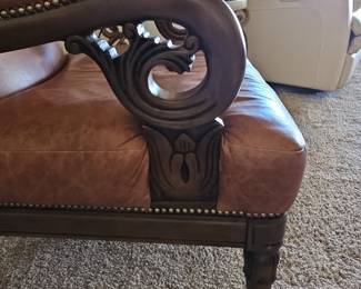 Regency Style Brown Leather Armchair with Carved Mahogany Accents
