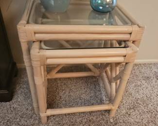 Chippendale Style Bamboo Rattan Nesting Tables with Glass Tops