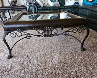 Wrought Iron and Glass Top Coffee Table with Tufted Leather-like Upholstery