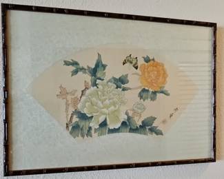 Chinese Silk Watercolor Painting of Peonies and Butterfly