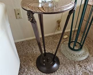 Art Deco Style Marble Top Pedestal Table with Lion Head Accent