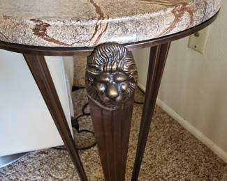 Art Deco Style Marble Top Pedestal Table with Lion Head Accent