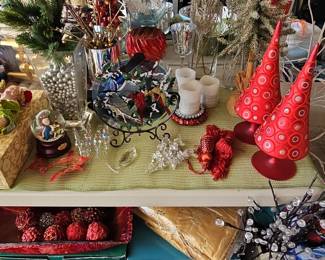 Assorted Christmas Decorations: Porcelain Centerpiece Set, Snowman Family Set, and Decorative Trees