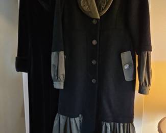 Avant Garde Black Wool Coat with Olive Green Ruffles and Balloon Sleeves