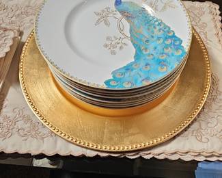 222 Fifth International Peacock Garden Fine China Dinner Plates