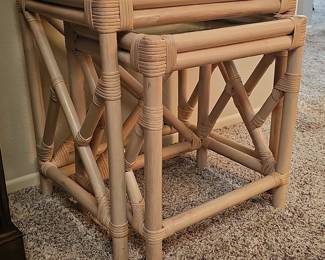 Chippendale Style Bamboo Rattan Nesting Tables with Glass Tops