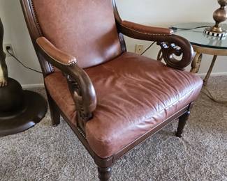 Regency Style Brown Leather Armchair with Carved Mahogany Accents