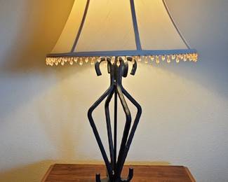 Vintage Cast-Iron Table Lamp with Spiral Design and Beaded Shade
