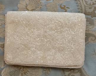 Vintage White Beaded Clutch Evening Bag with Brocade Lining