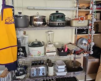 Assorted Kitchenware Collection with Chrome Shelving Unit
