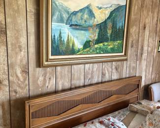 matching mid-century headboard and bed $200 for entire setup (includes matress, boxsprings, pillows and bedding)