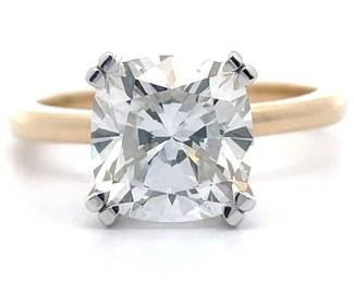 3.08 Carat Diamond Square Cushion Brilliant Solitaire Ring in 14k Gold