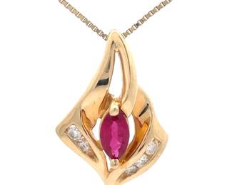 Contemporary Natural Ruby & Natural Diamond Geometric Ribbon Pendant in 14k Gold