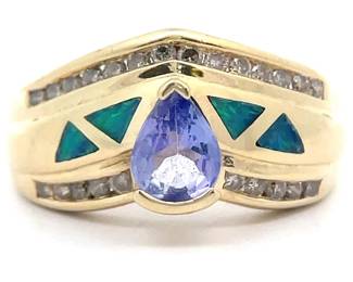 Estate Natural Tanzanite, Opal Inlay & Natural Diamond Chevron Ring in 14k Yellow Gold