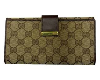 Gucci GG Canvas Long Wallet with Brown Leather Trim