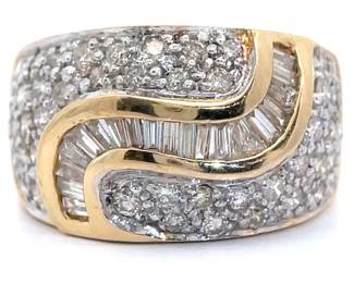 Estate Pavé Natural Diamond Baguette Swirl Ring in 14k Yellow Gold