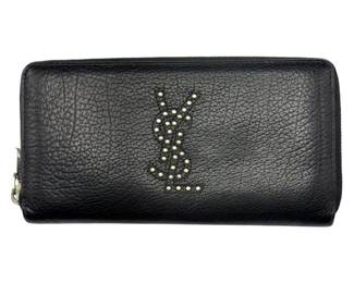 Saint Laurent Black Leather Studded Logo Zip Around Wallet