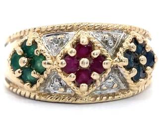 Natural Emerald, Ruby, Sapphire & Diamond Flower Estate Ring in Yellow Gold