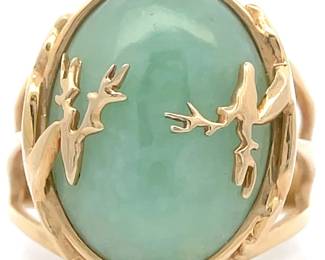 Jade Nature Motif Split Shank Estate Ring in 14k Yellow Gold