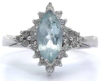 Estate Natural Aquamarine & Natural Diamond Marquise Cluster Ring in White Gold