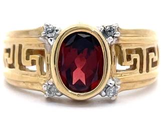 Estate Natural Garnet & Natural Diamond Meandros Greek Key Ring in Yellow Gold