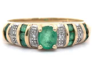 Estate Natural Emerald & Natural Diamond Channel Bar Ring in Yellow Gold