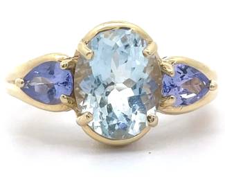 Estate Natural Aquamarine & Natural Tanzanite Three-Stone Ring in 14k Yellow Gold