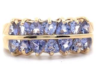 Triangular Natural Tanzanite Double Row Cluster Estate Ring in 14k Yellow Gold