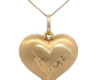 Estate Diamond-Cut Wheat Leaf Motif Brushed Puffed Heart Pendant in 14k Gold