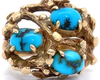 Turquoise Egg Textured Nest Estate Ring in 14k Yellow Gold