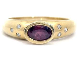 Estate Purple Garnet & Flush Set Natural Diamond East-West Ring in Yellow Gold