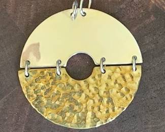 Vintage Mexican tribal pendant handmade from sterling silver and hammered brass.  