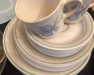 vintage dinnerware set featuring the Corelle "Iris" pattern