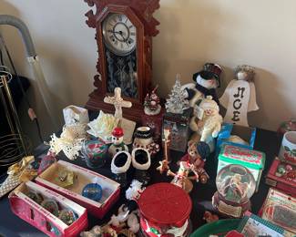 mantel clock, decor, and Christmas items