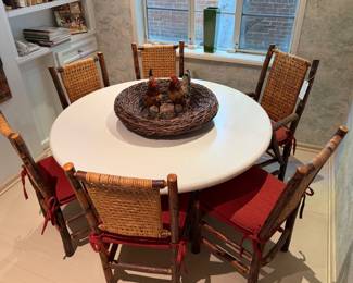 54" diameter MCM marble top table with steel scylpture base with 6 Adirondack chairs