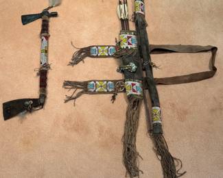 LATE 19TH CENTURY TOMAHAWK/PIPE , BOW, ARROWS & QUIVER