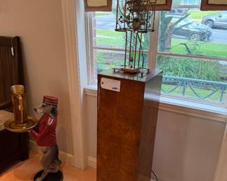Burlwood pedestal & Gordon Bradt kinetic seven man clock