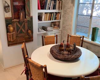 54" diameter MCM marble top table with steel scylpture base with 6 Adirondack chairs