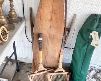 WOODEN IRONING BOARD & VINTAGE TENNIS RACKETS