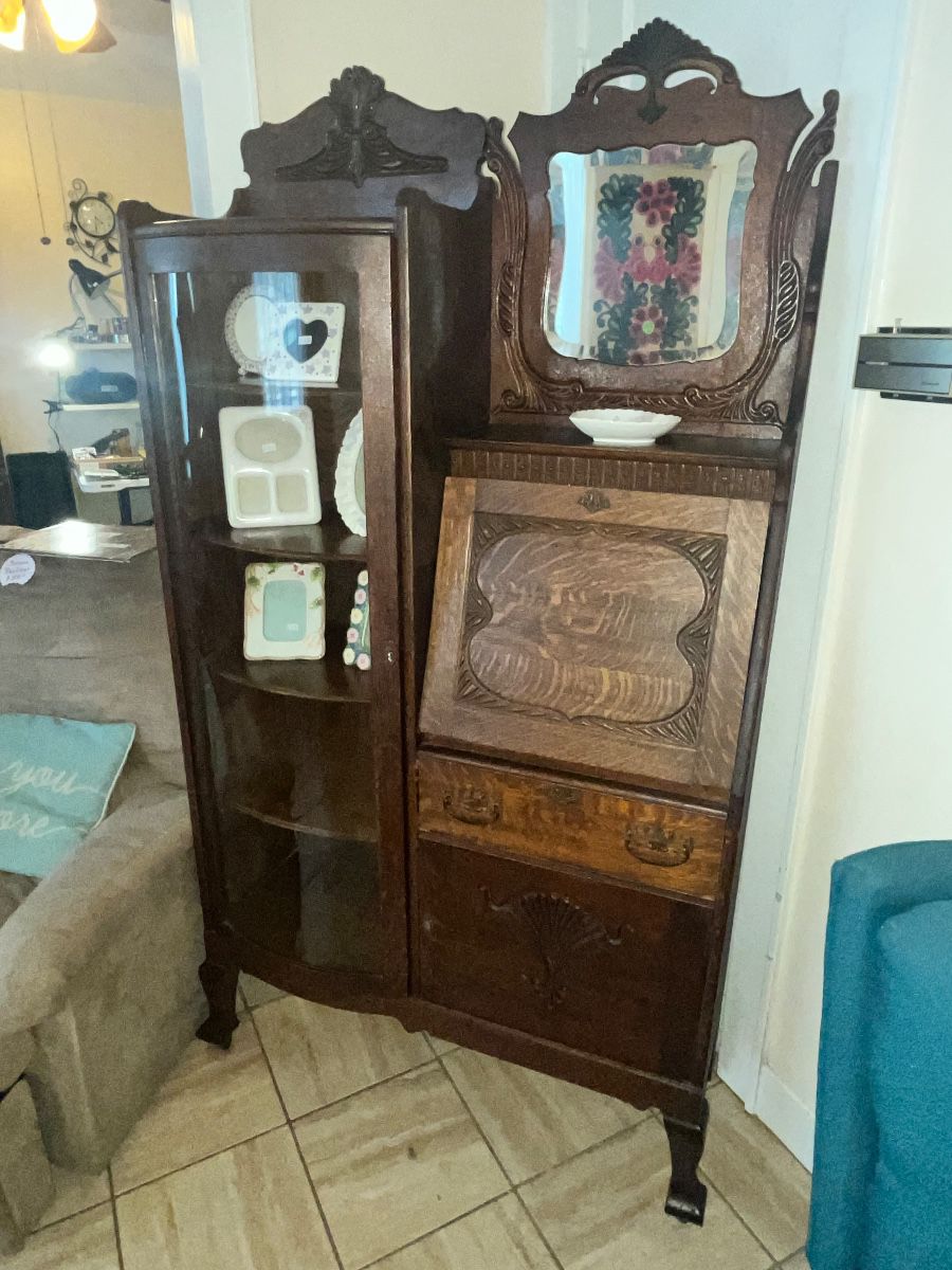 AMAZING ANTIQUE OAK SECRETARY w/ CURVED GLASS DOOR!