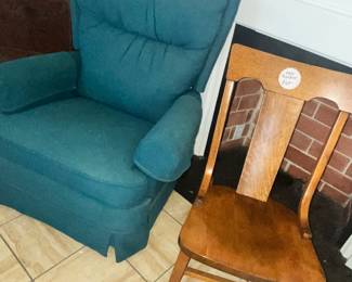 ROCKER RECLINER & ANTIQUE OAK SEWING ROCKER