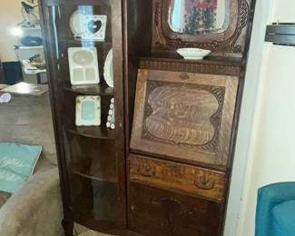 AMAZING ANTIQUE OAK SECRETARY w/ CURVED GLASS DOOR!