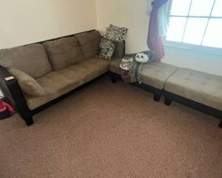 LEATHER TRIMMED MICROFIBER SOFA & 2 LARGE OTTOMANS