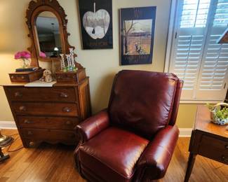 Leather Chair and Antique Dresser with Mirror and Glove Boxes