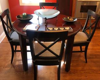 Mahogany Table with 1 leaf made in Canada. Set of 4 Pottery Barn chairs made in Italy