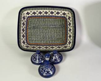 Blue Rose Polish Pottery Mosaic Flower Baker  Moroccan Tagine