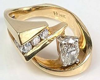  03 14K Modernist Six Diamond Designer Pinky Ring, Vintage